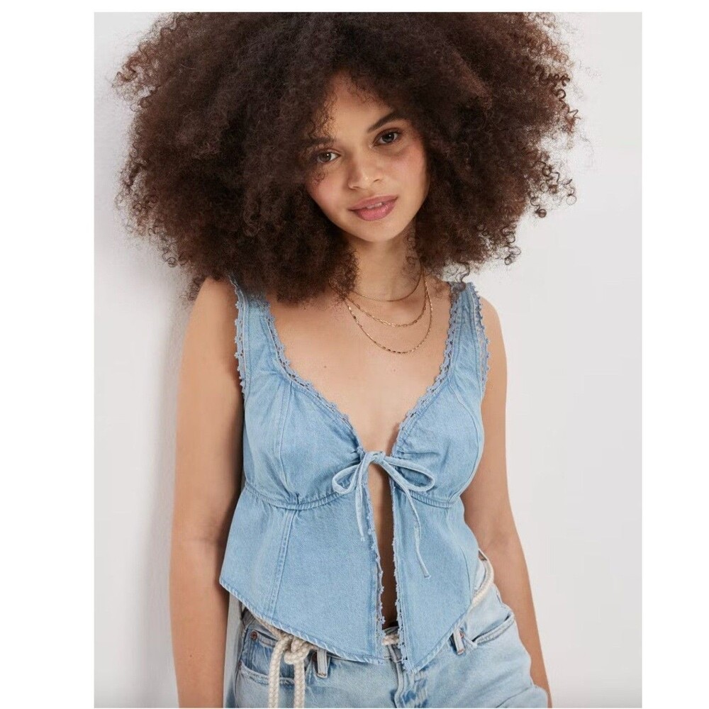 American Eagle Denim Tie Front Cowgirl Western Y2k Style Stretch Strappy Med.